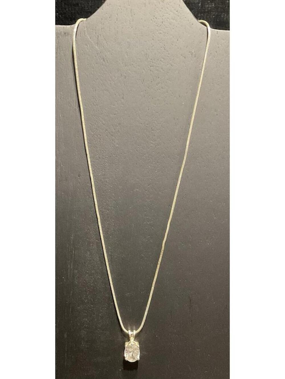 Silver Tone Necklace With CR Stamp & Faux Diamond Pendant Costume Jewelry #63
